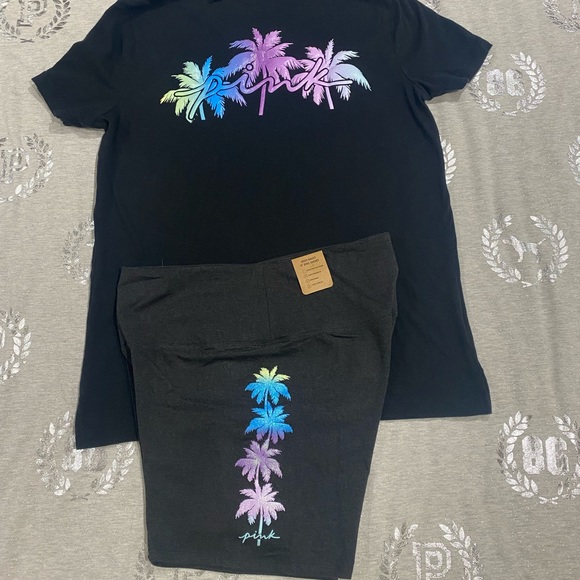 VS PINK PALM TREE SHINE LOGO SET NWT L/XL